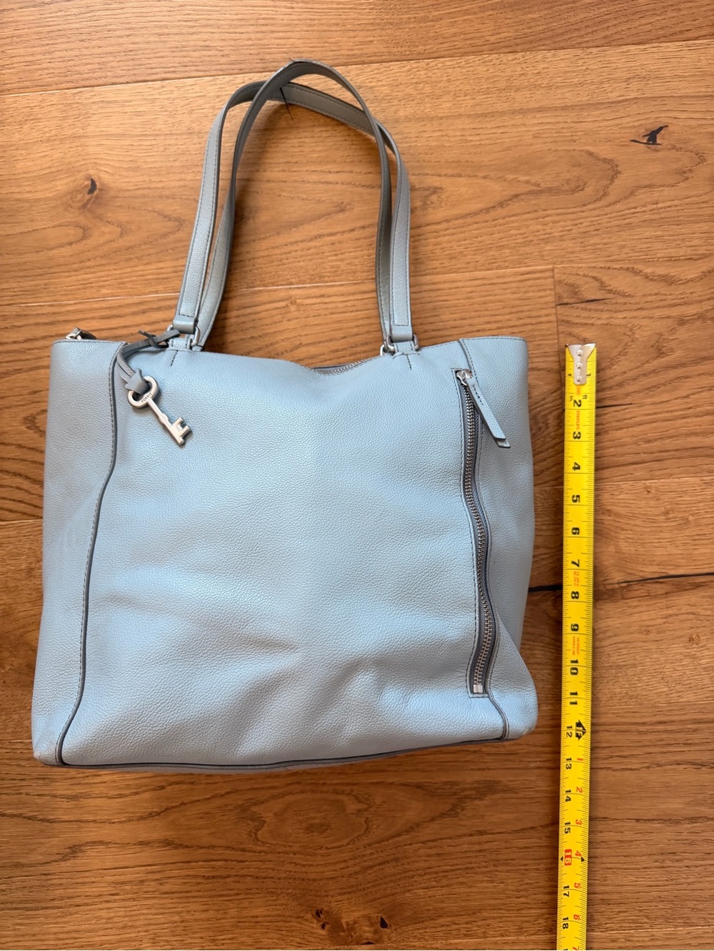 Fossil Sky Blue Pebbled Leather Tote with Key Charm